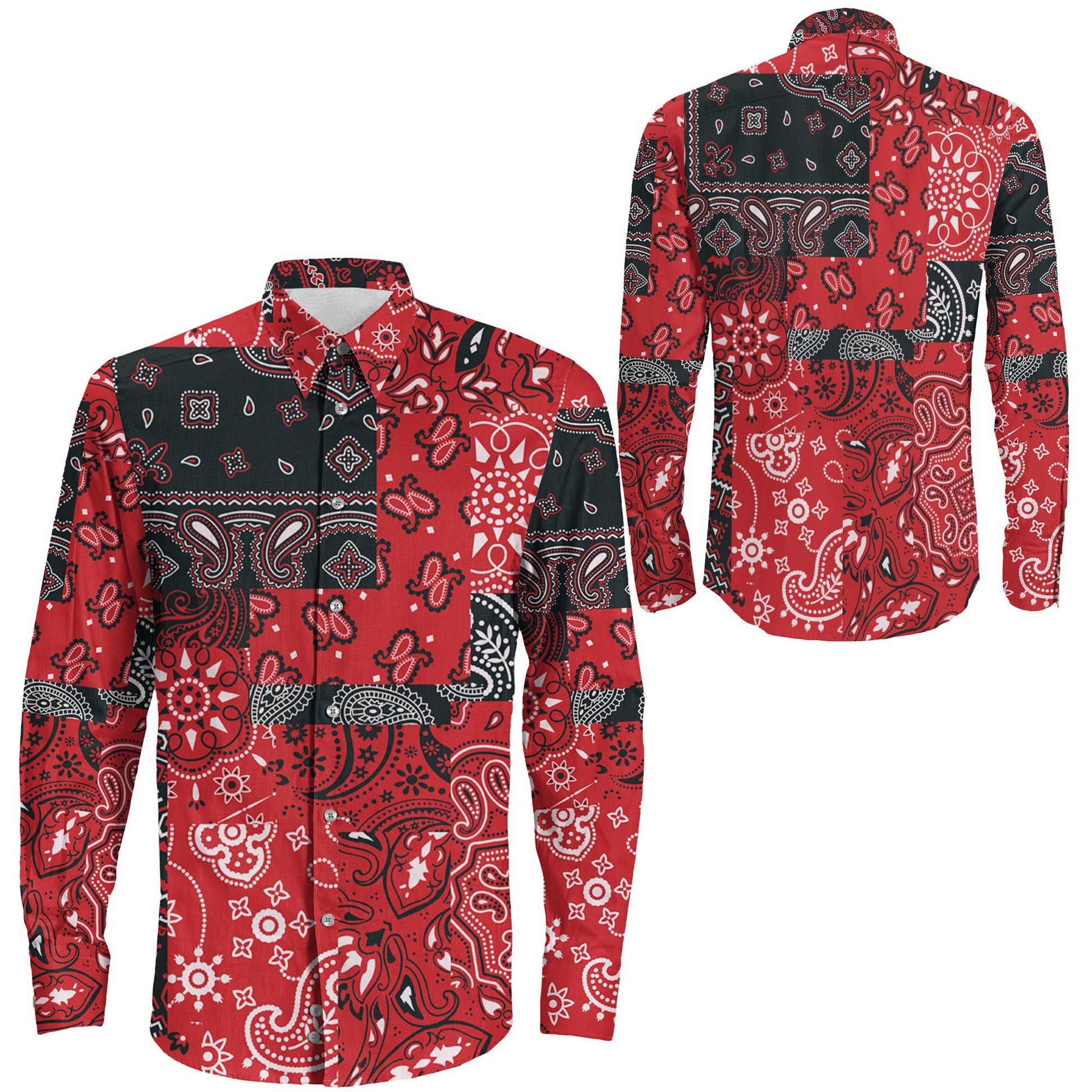 Shirt Red Black Paisley Fabric Long Sleeve Button Shirt