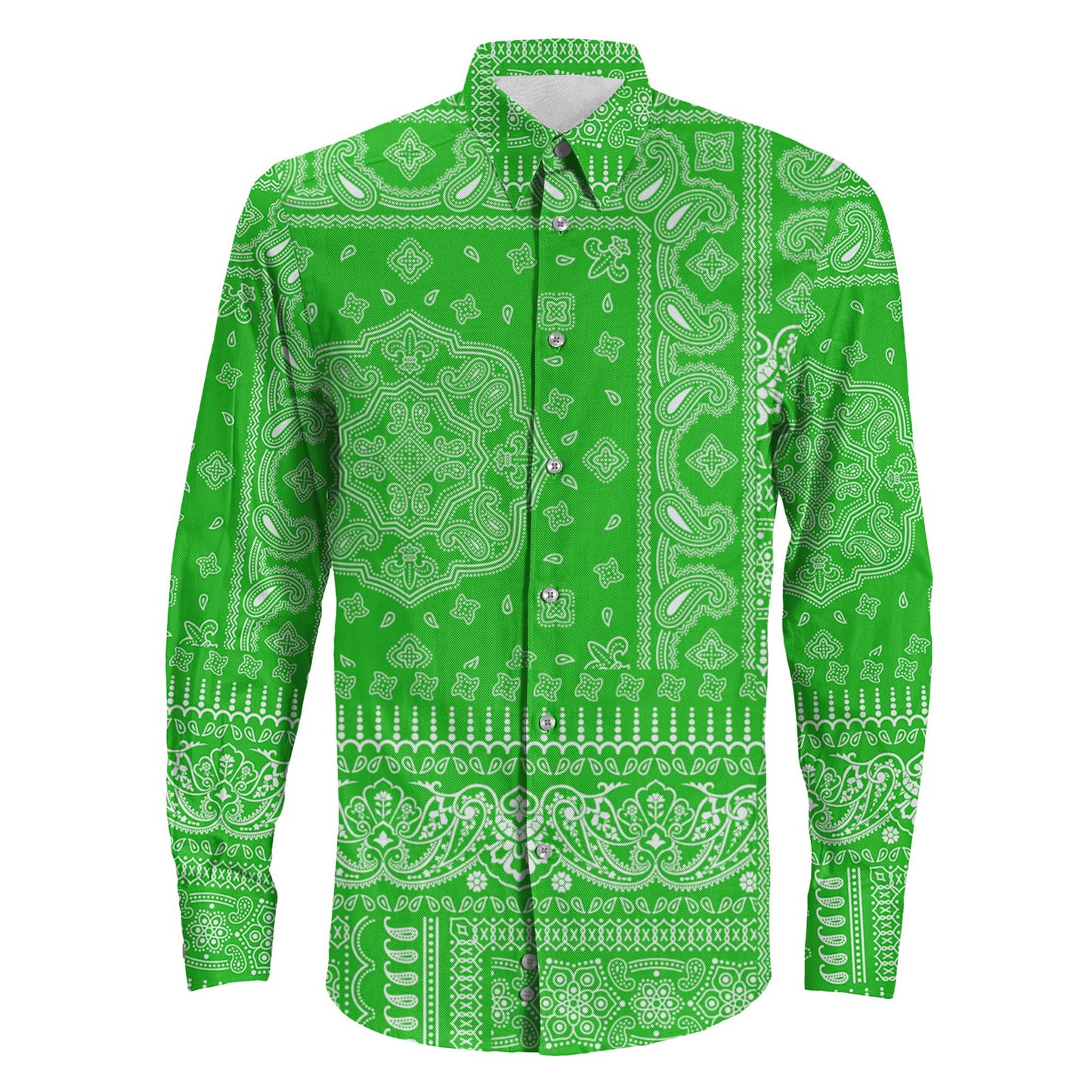Shirt Paisley Bandana Fabric Patchwork Green Long Sleeve Button Shirt