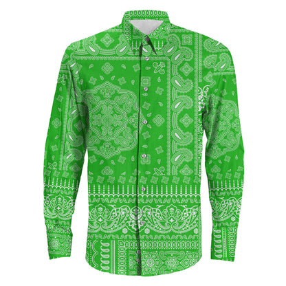 Shirt Paisley Bandana Fabric Patchwork Green Long Sleeve Button Shirt