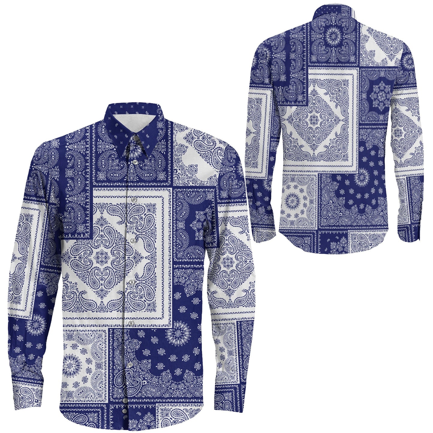 Shirt Blue Bandana Paisley Seamless Long Sleeve Button Shirt