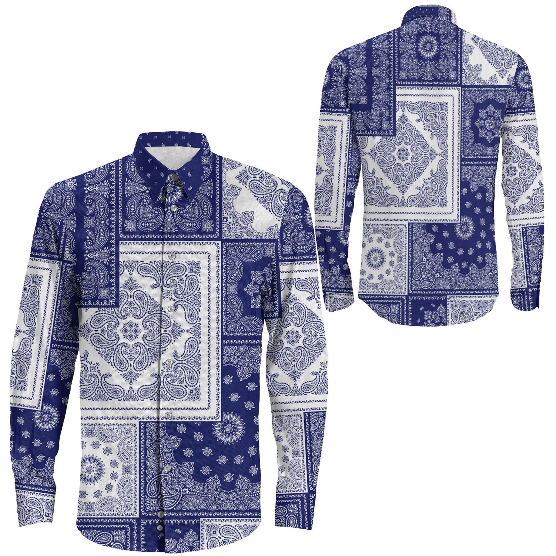Shirt Blue Bandana Paisley Seamless Long Sleeve Button Shirt