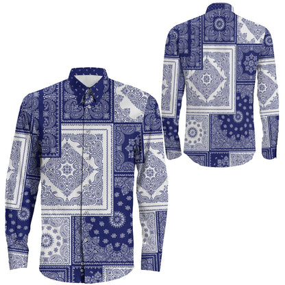 Shirt Blue Bandana Paisley Seamless Long Sleeve Button Shirt