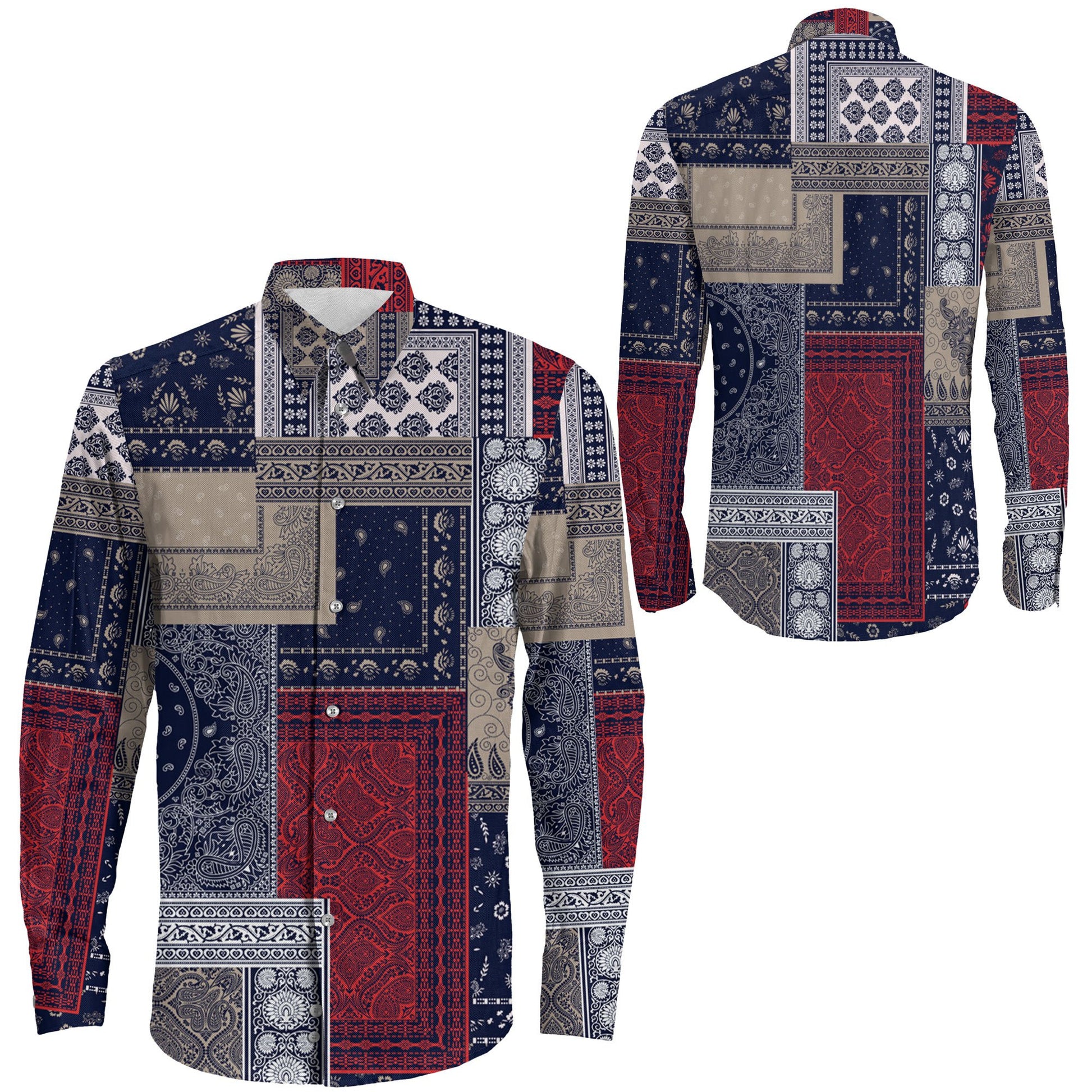 Shirt Seamless Bandana Patchwork Navy Long Sleeve Button Shirt
