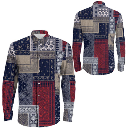 Shirt Seamless Bandana Patchwork Navy Long Sleeve Button Shirt