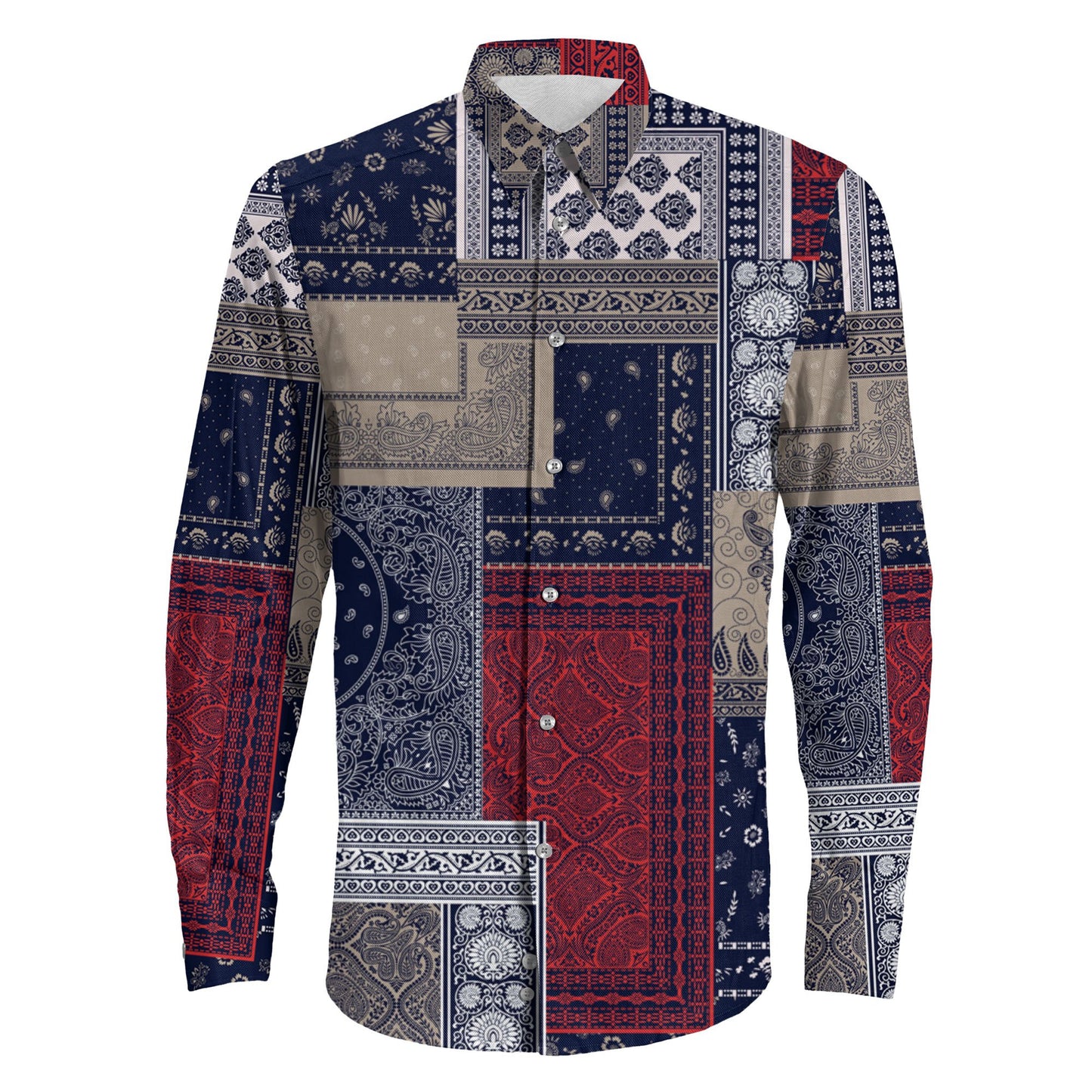 Shirt Seamless Bandana Patchwork Navy Long Sleeve Button Shirt