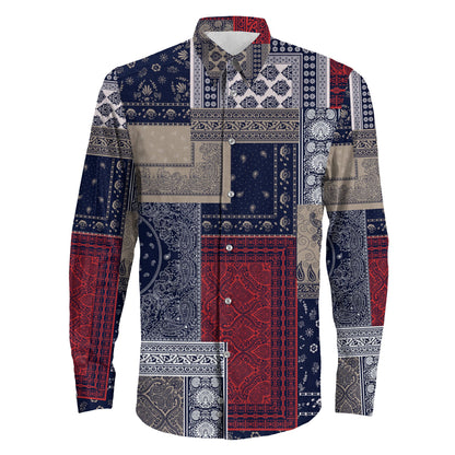 Shirt Seamless Bandana Patchwork Navy Long Sleeve Button Shirt