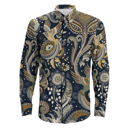 Shirt Paisley Pattern Decorative Elements And Birds Long Sleeve Button Shirt