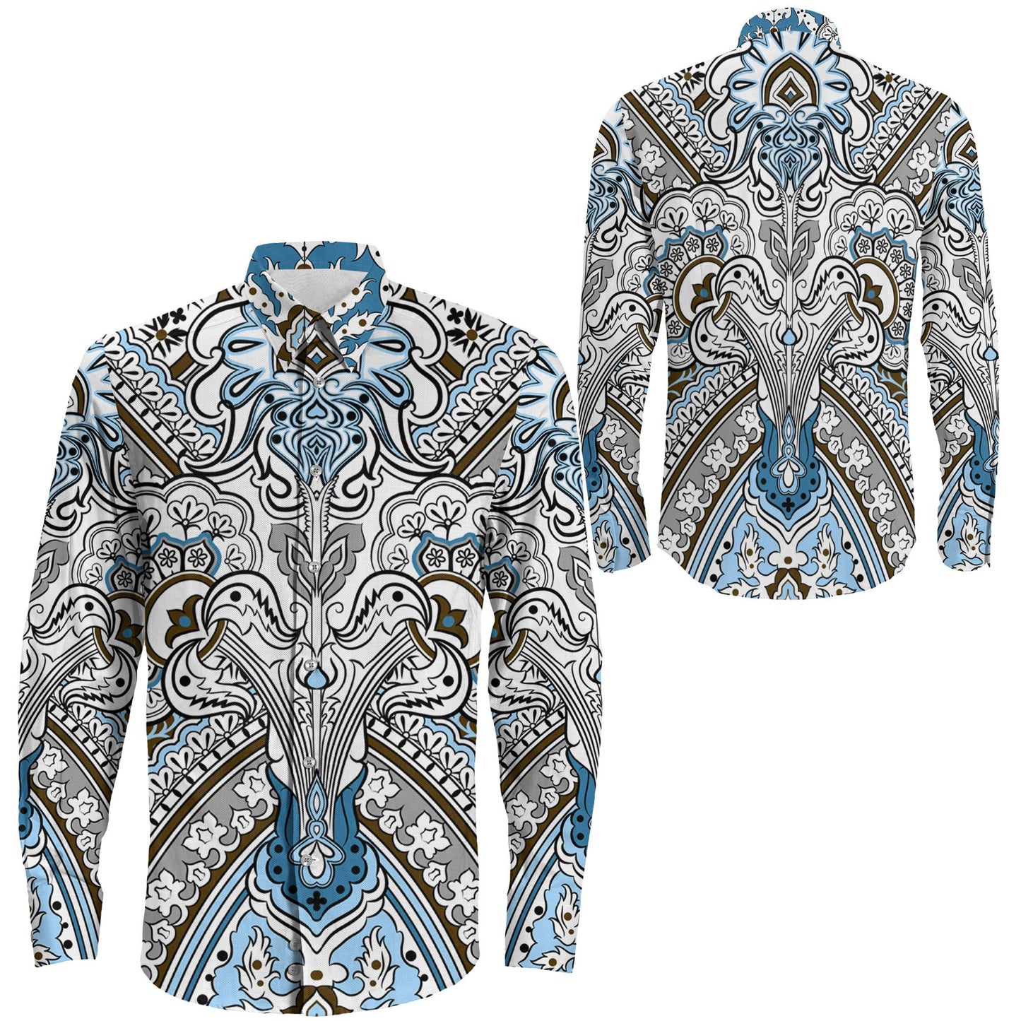 Shirt Paisley Seamless Pattern Cyan Long Sleeve Button Shirt
