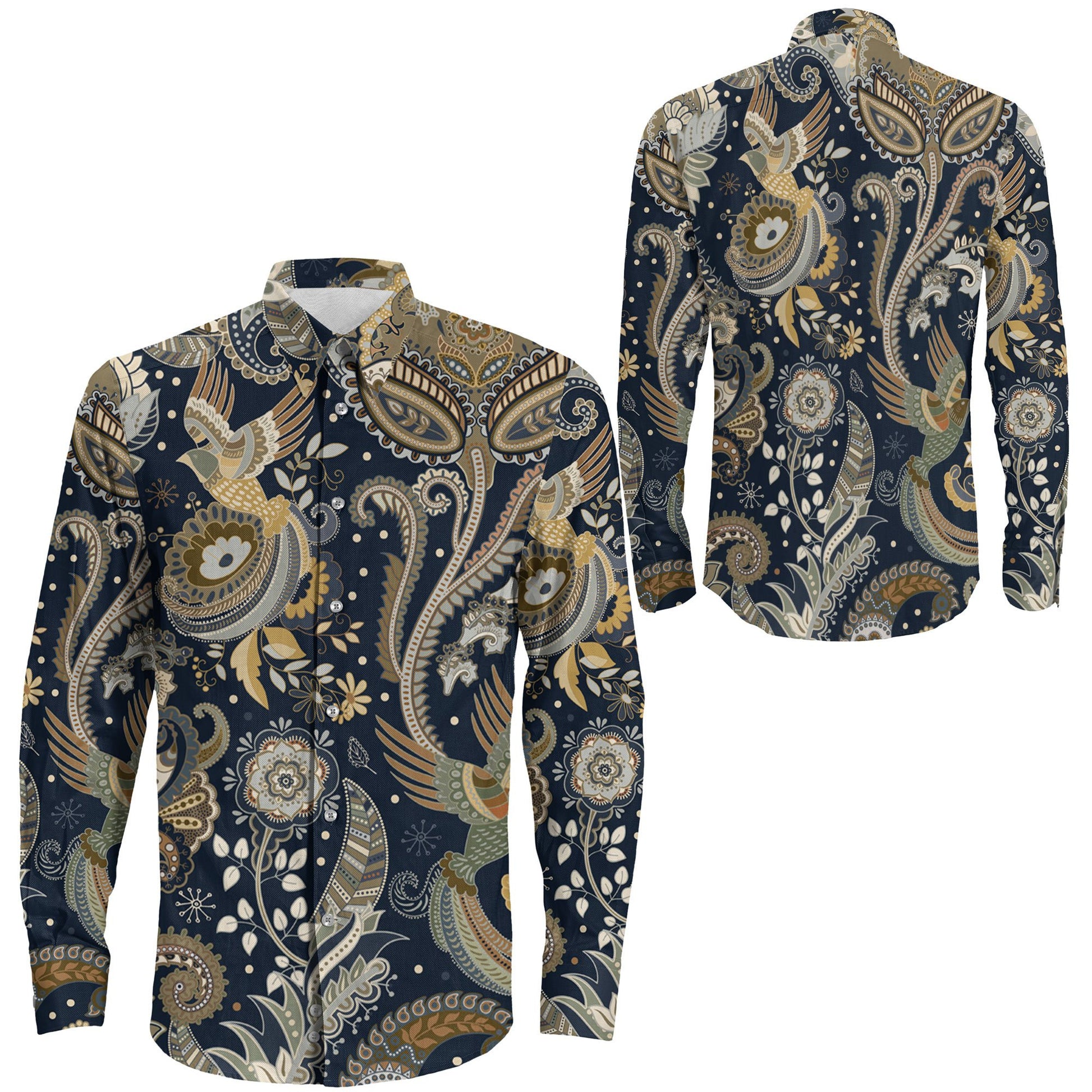 Shirt Paisley Pattern Decorative Elements And Birds Long Sleeve Button Shirt