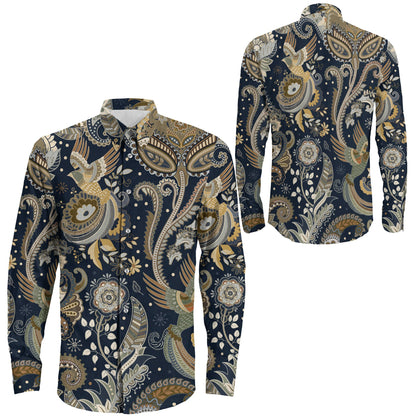 Shirt Paisley Pattern Decorative Elements And Birds Long Sleeve Button Shirt