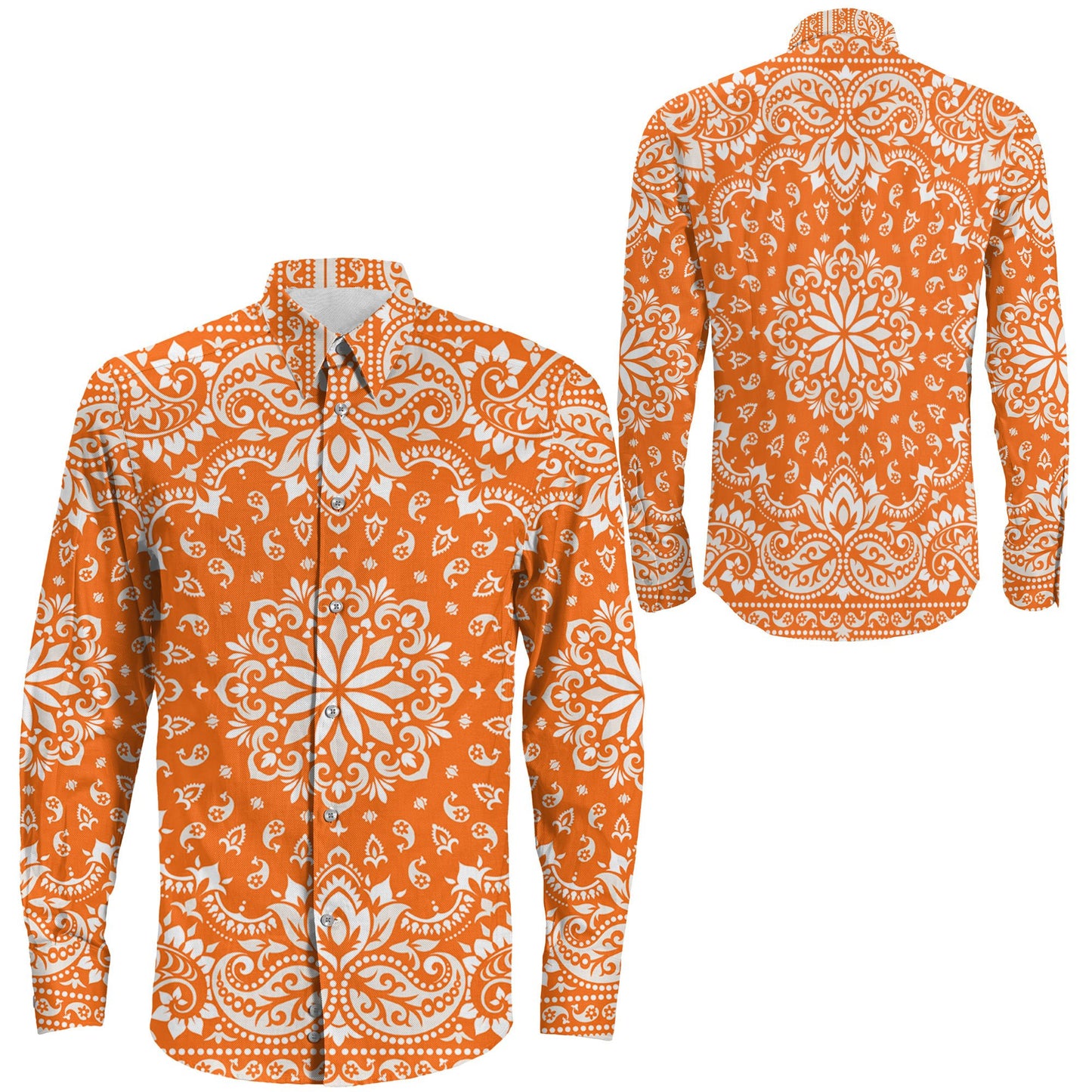 Shirt Floral Paisley Orange Long Sleeve Button Shirt