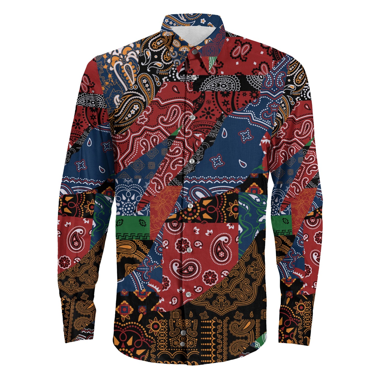 Shirt Paisley Fabric Patchwork Abstract Long Sleeve Button Shirt