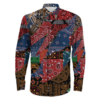 Shirt Paisley Fabric Patchwork Abstract Long Sleeve Button Shirt
