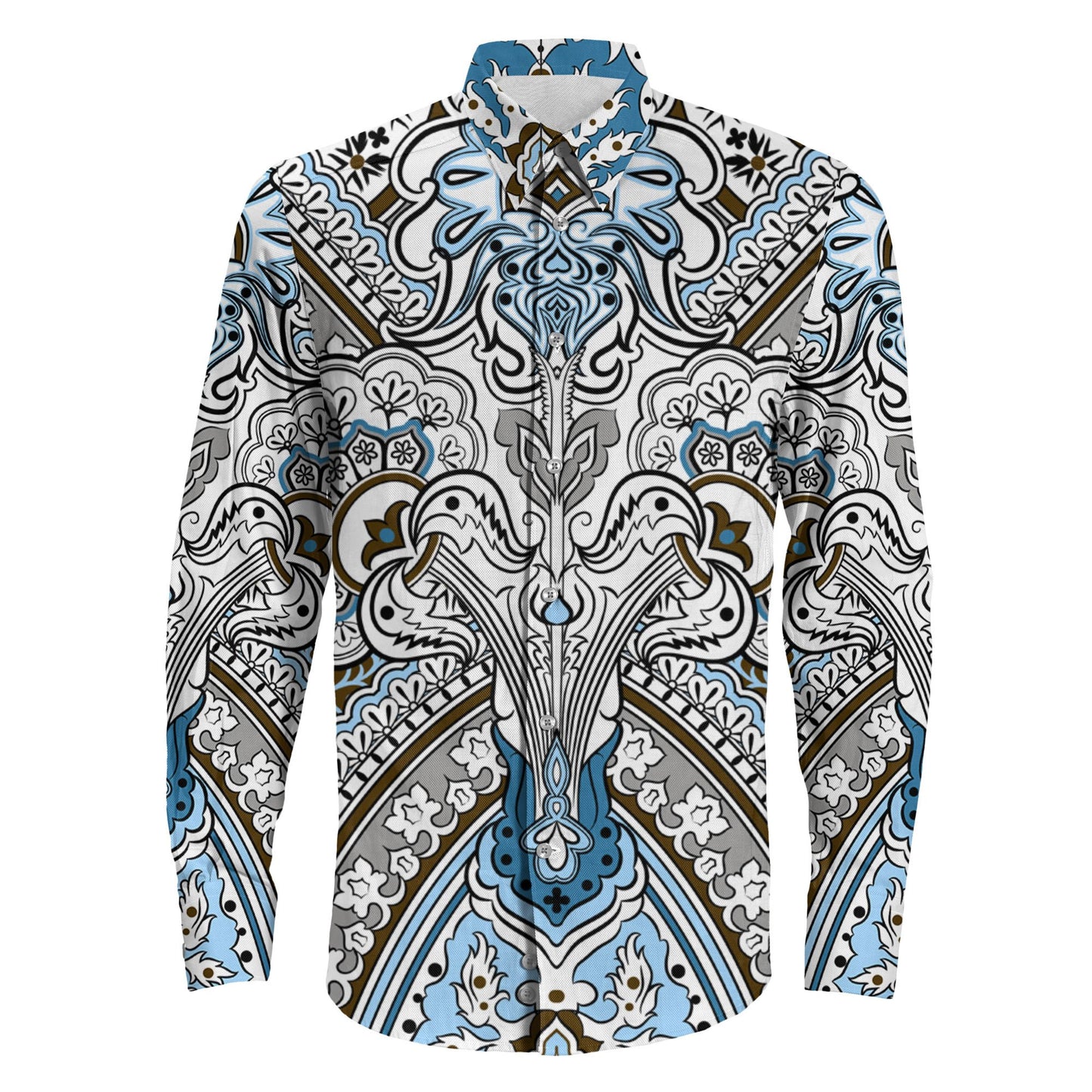 Shirt Paisley Seamless Pattern Cyan Long Sleeve Button Shirt