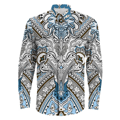 Shirt Paisley Seamless Pattern Cyan Long Sleeve Button Shirt