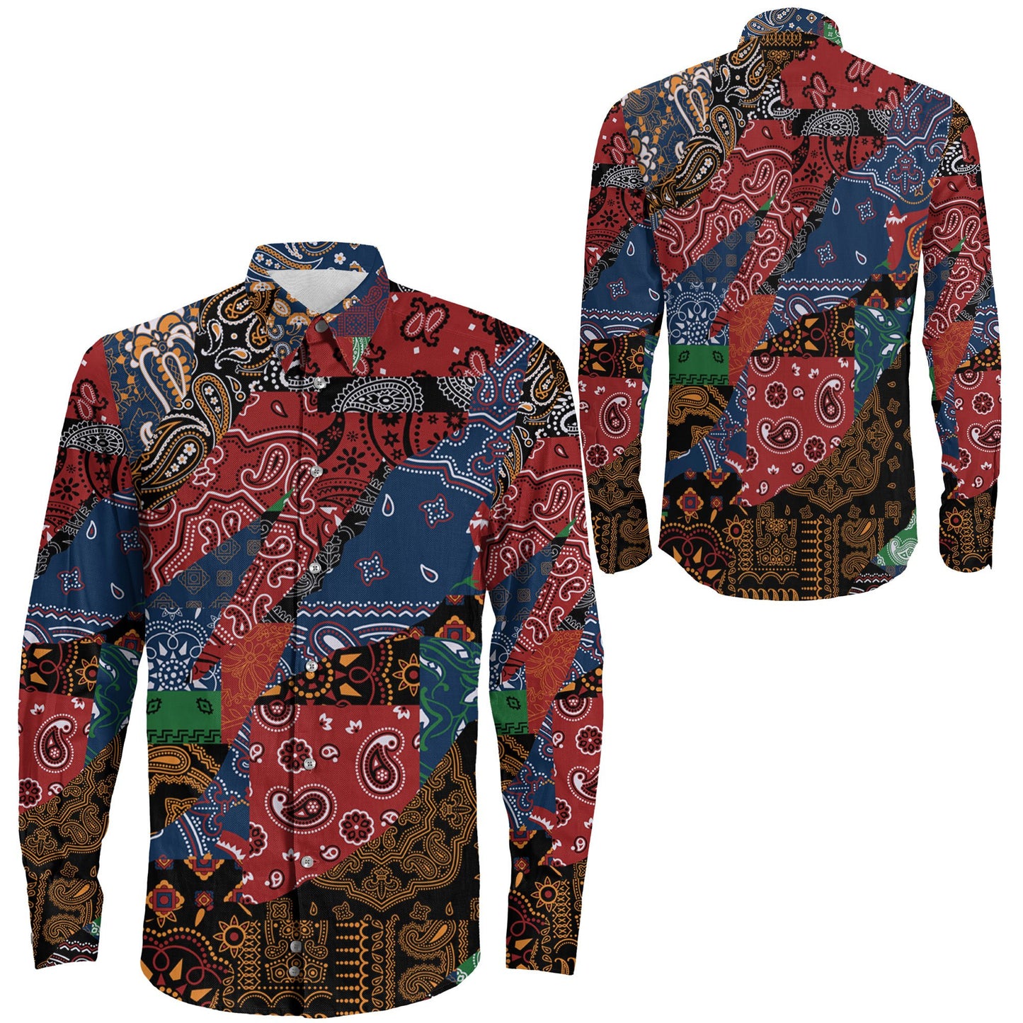 Shirt Paisley Fabric Patchwork Abstract Long Sleeve Button Shirt