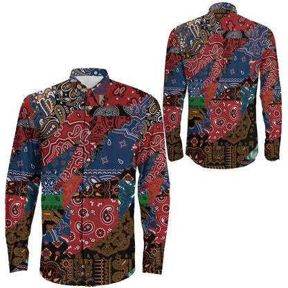 Shirt Paisley Fabric Patchwork Abstract Long Sleeve Button Shirt