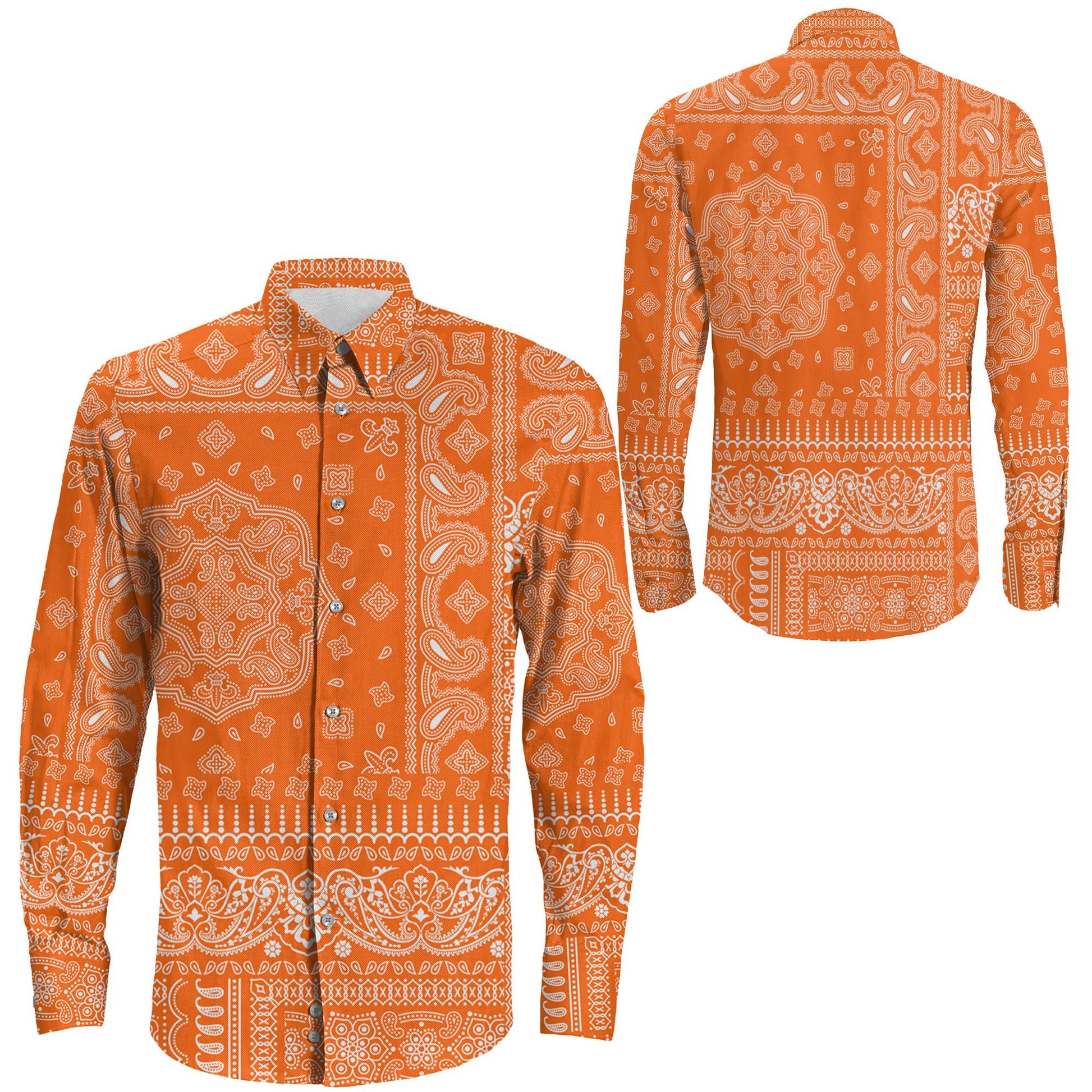 Shirt Paisley Bandana Fabric Patchwork Orange Long Sleeve Button Shirt