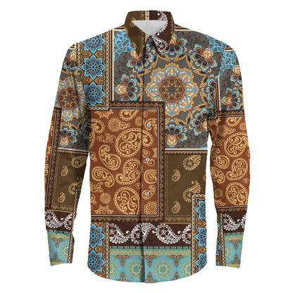 Shirt Patchwork Paisley And Border Pattern Long Sleeve Button Shirt