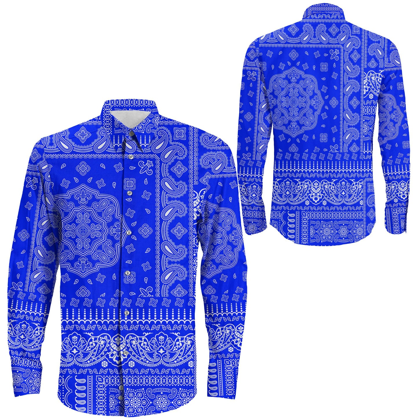 Shirt Paisley Bandana Fabric Patchwork Blue Long Sleeve Button Shirt
