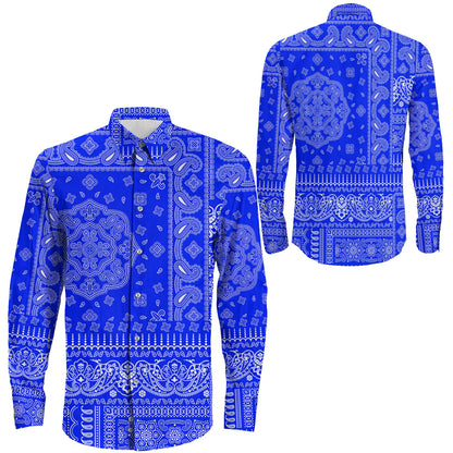 Shirt Paisley Bandana Fabric Patchwork Blue Long Sleeve Button Shirt