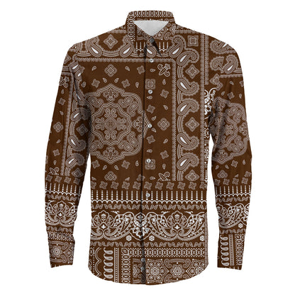 Shirt Paisley Bandana Fabric Patchwork Brown Long Sleeve Button Shirt