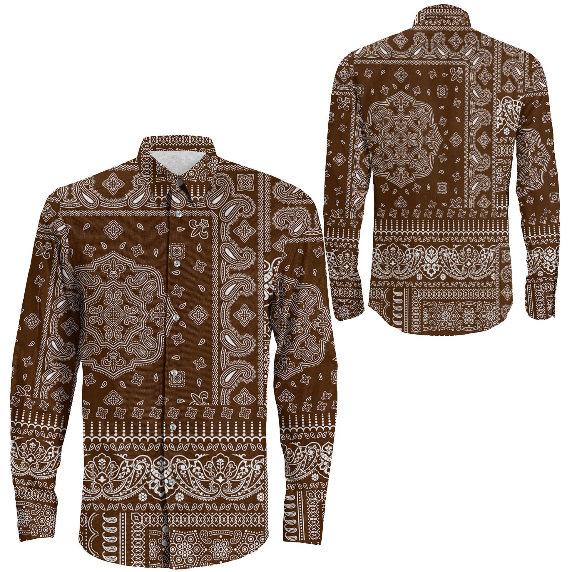 Shirt Paisley Bandana Fabric Patchwork Brown Long Sleeve Button Shirt