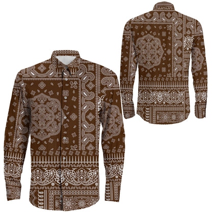 Shirt Paisley Bandana Fabric Patchwork Brown Long Sleeve Button Shirt