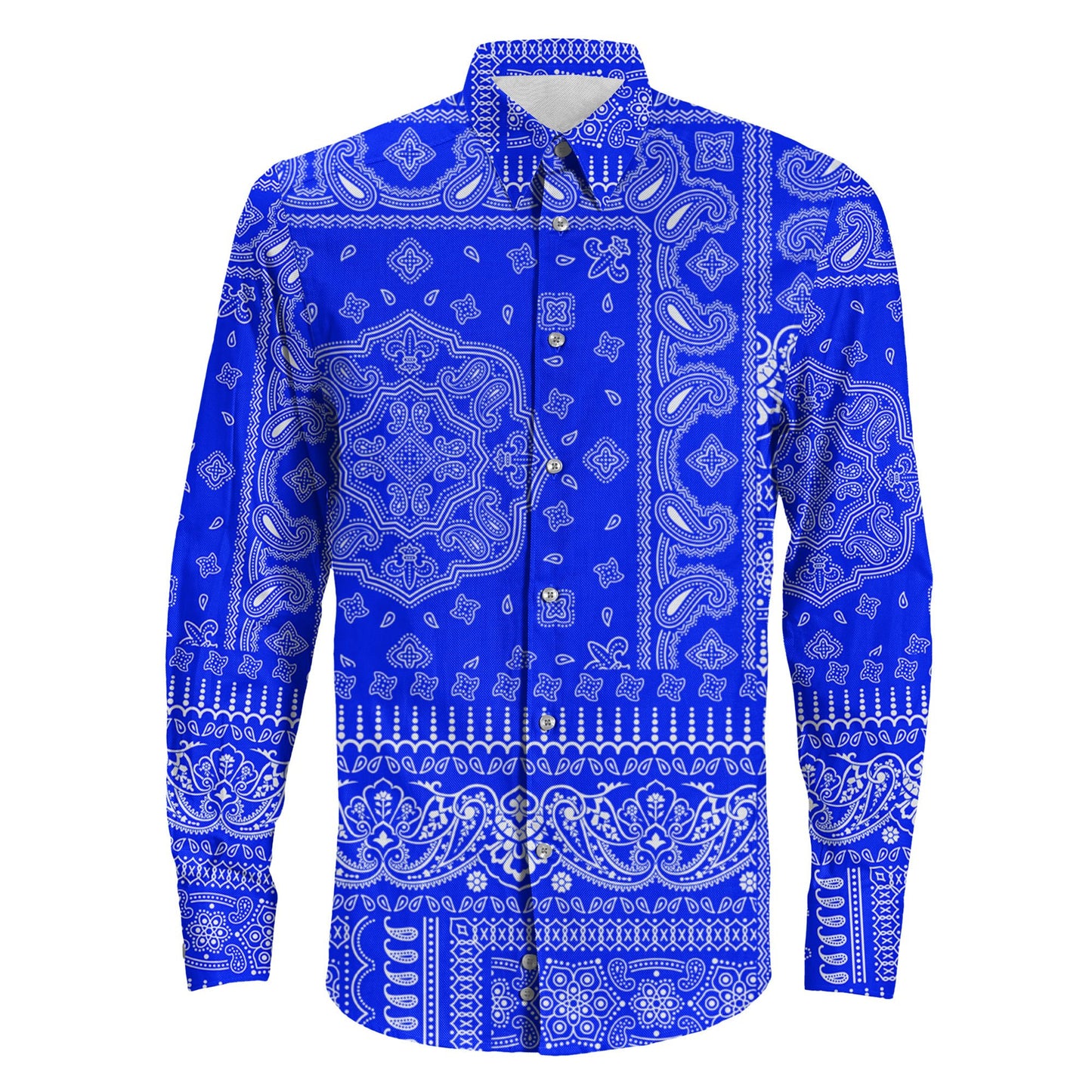 Shirt Paisley Bandana Fabric Patchwork Blue Long Sleeve Button Shirt