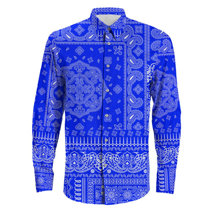 Shirt Paisley Bandana Fabric Patchwork Blue Long Sleeve Button Shirt