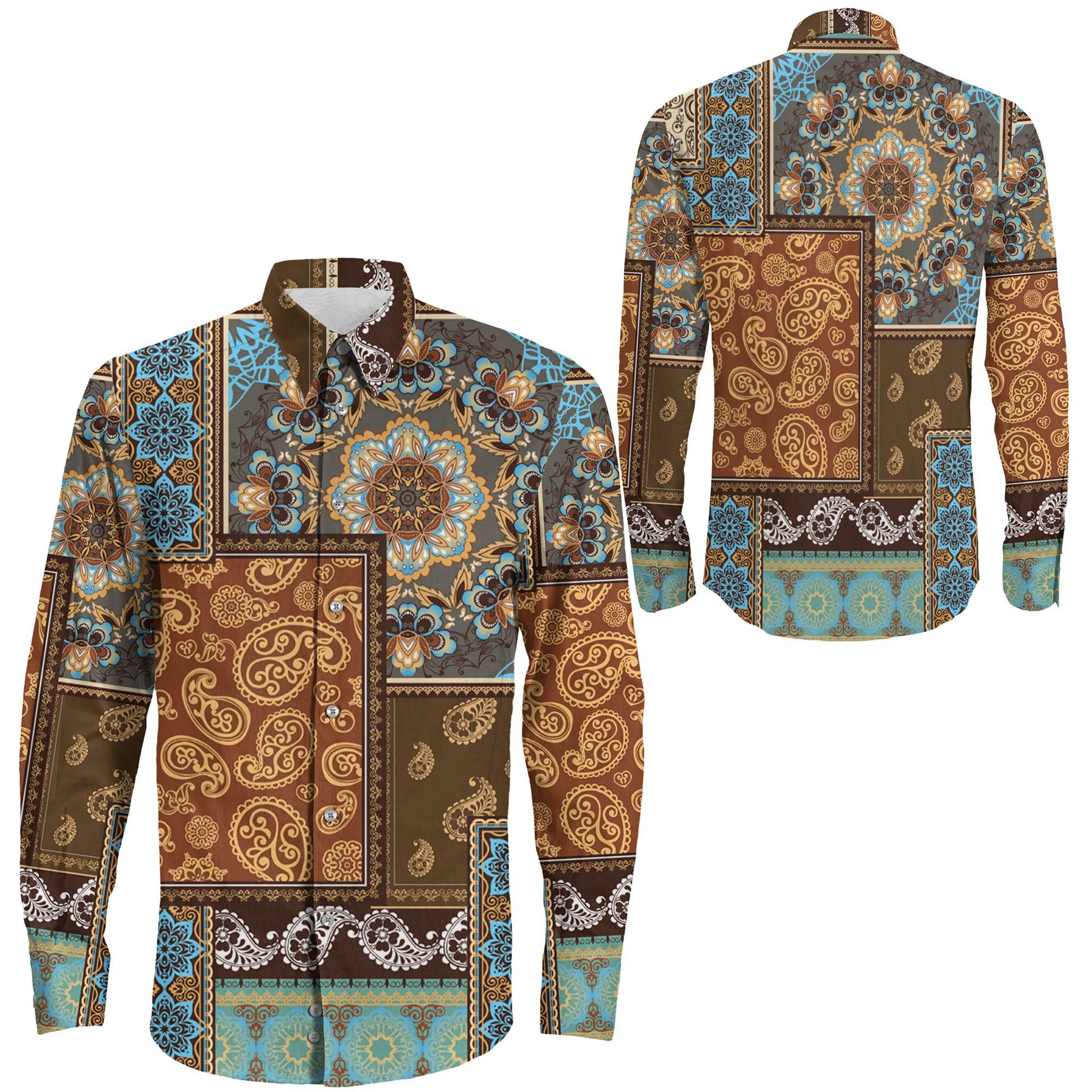 Shirt Patchwork Paisley And Border Pattern Long Sleeve Button Shirt