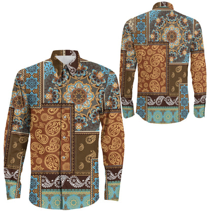 Shirt Patchwork Paisley And Border Pattern Long Sleeve Button Shirt