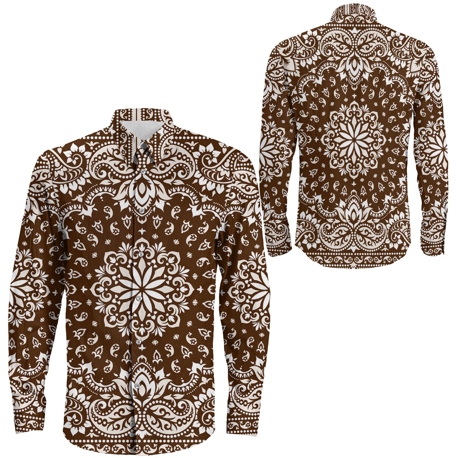 Shirt Floral Paisley Brown Long Sleeve Button Shirt