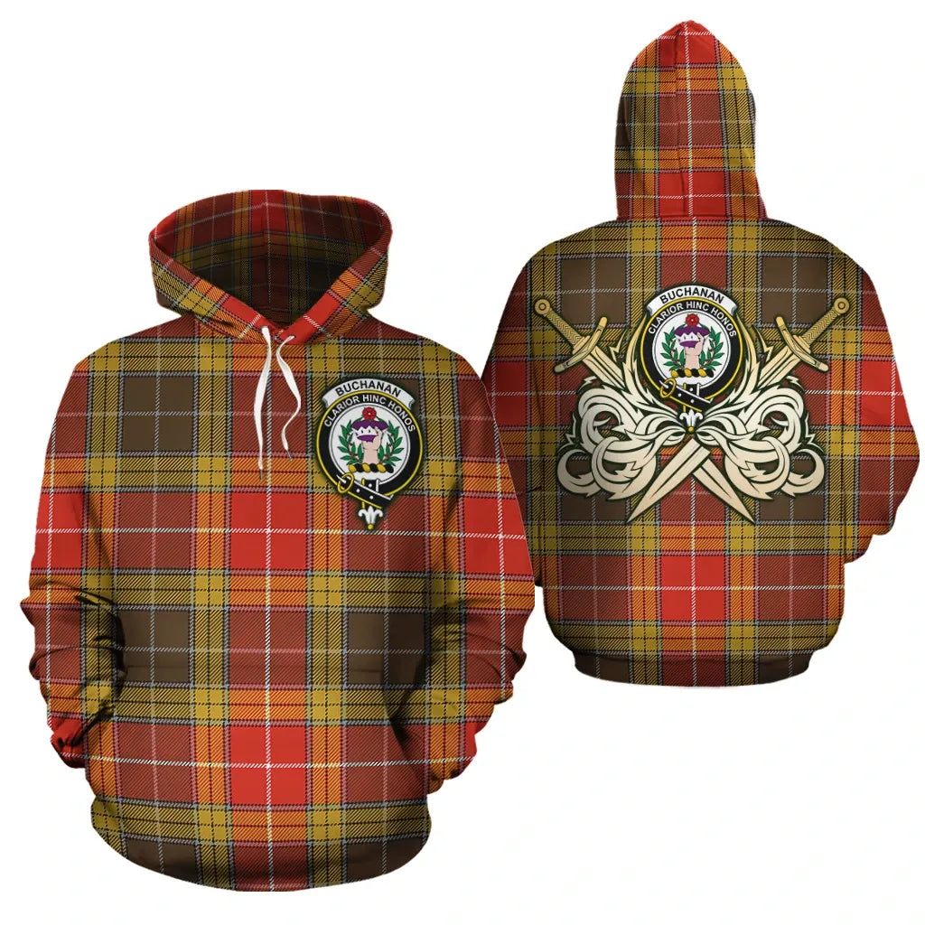 Printivon Buchanan Old Set Weathered Clan Crest Tartan Scottish Gold Thistle Hoodie