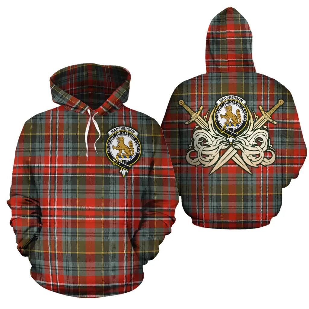 Printivon Macpherson Weathered Clan Crest Tartan Scottish Gold Thistle Hoodie
