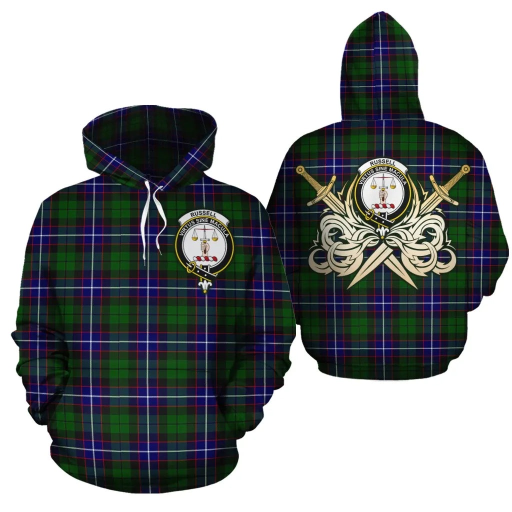 Printivon Russell Modern Clan Crest Tartan Scottish Gold Thistle Hoodie