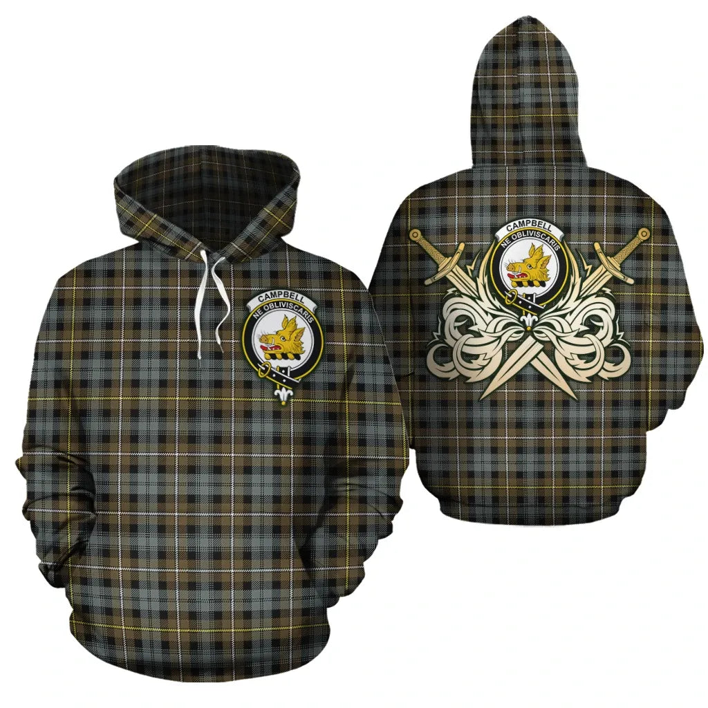 Printivon Campbell Argyll Weathered Clan Crest Tartan Scottish Gold Thistle Hoodie