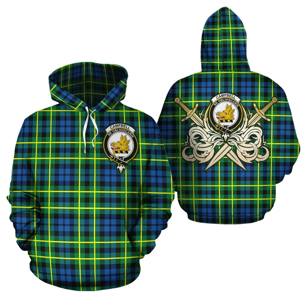Printivon Campbell Of Breadalbane Ancient Clan Crest Tartan Scottish Gold Thistle Hoodie