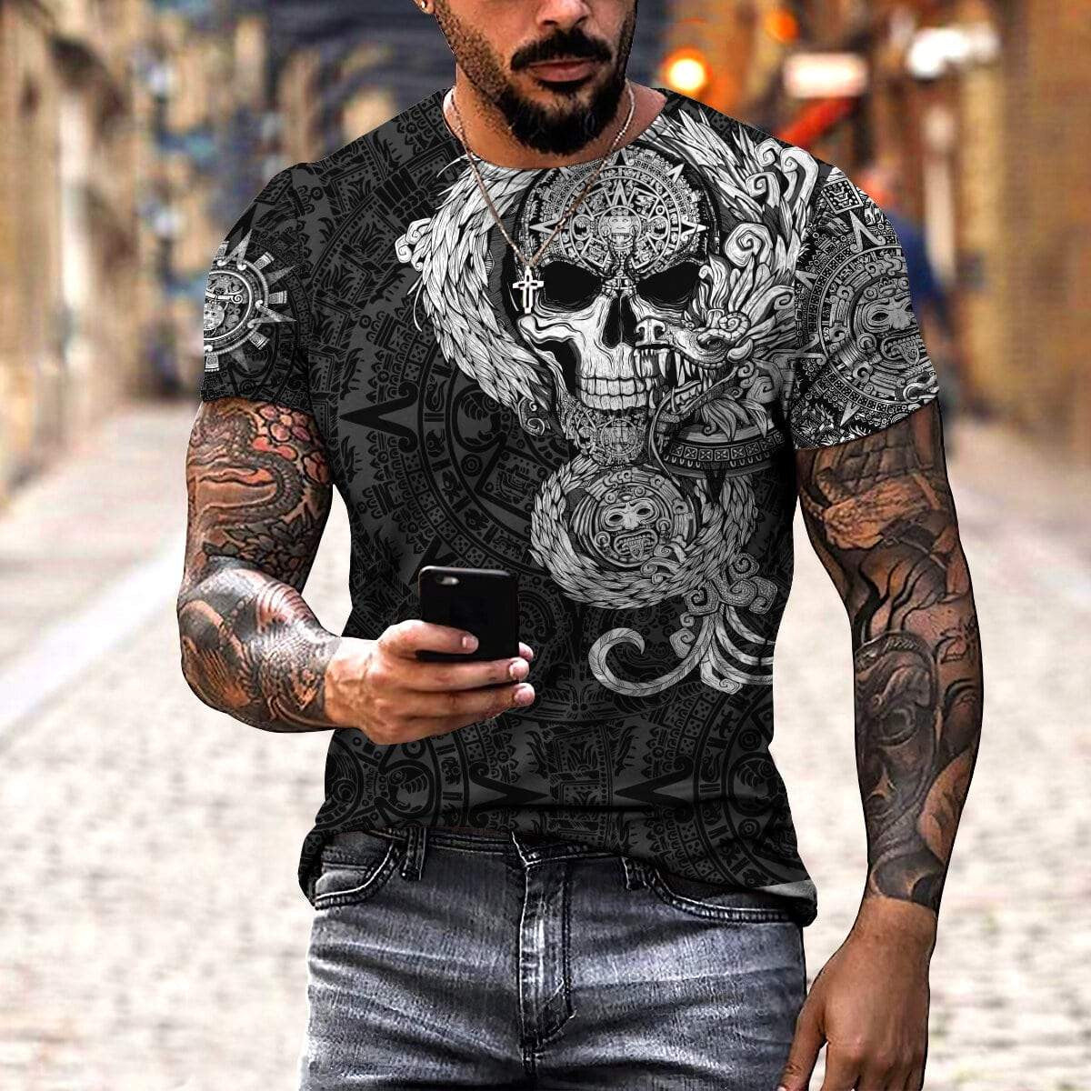 Mexico Aztec T Shirt Quetzalcoatl Skull Tattoo
