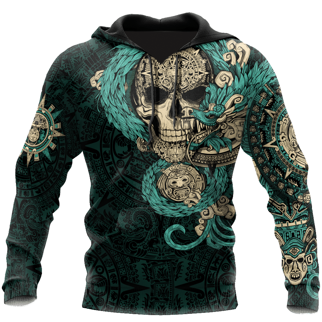 Mexico Aztec Quetzalcoatl Skull Turquoise All Over Printed Hoodie Unisex