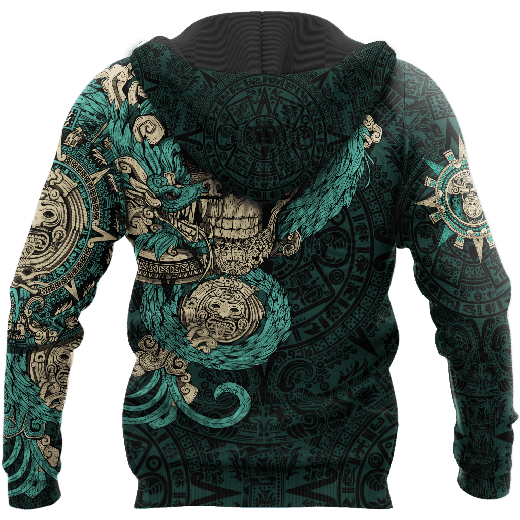 Mexico Aztec Quetzalcoatl Skull Turquoise All Over Printed Hoodie Unisex