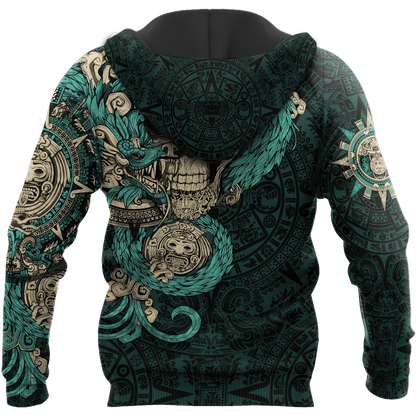 Mexico Aztec Quetzalcoatl Skull Turquoise All Over Printed Hoodie Unisex