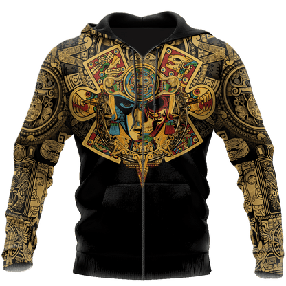 Mexico Aztec Skull Warrior Sun Stone All Over Printed Hoodie Unisex