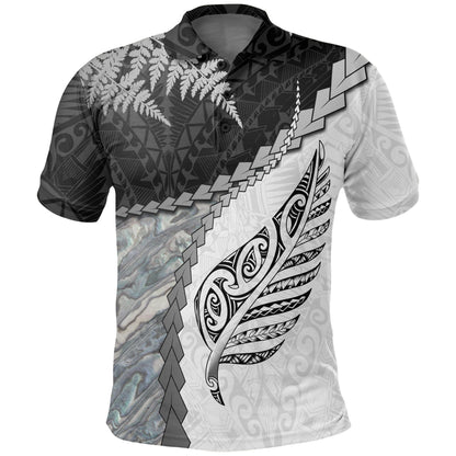 Polynesian Polo Shirt - Paua Shell Maori Silver Fern Polo Shirt White