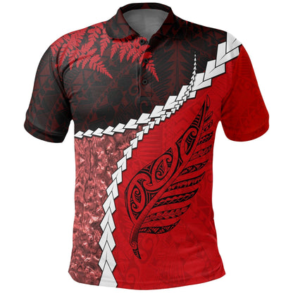 Polynesian Polo Shirt - Paua Shell Maori Silver Fern Polo Shirt Red