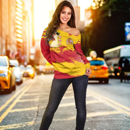 Spain Off Shoulder Sweater Spain Flag Brush