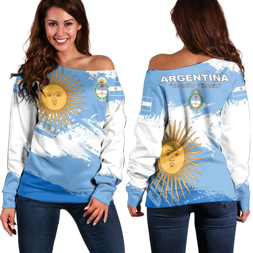 Argentina Off Shoulder Sweater Argentina Flag Brush