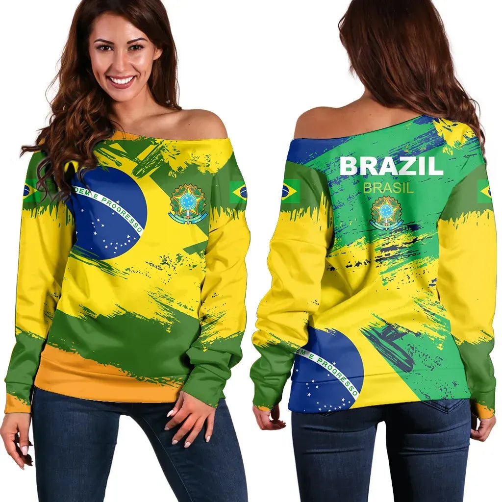 Brazil Off Shoulder Sweater Brazil Flag Brush
