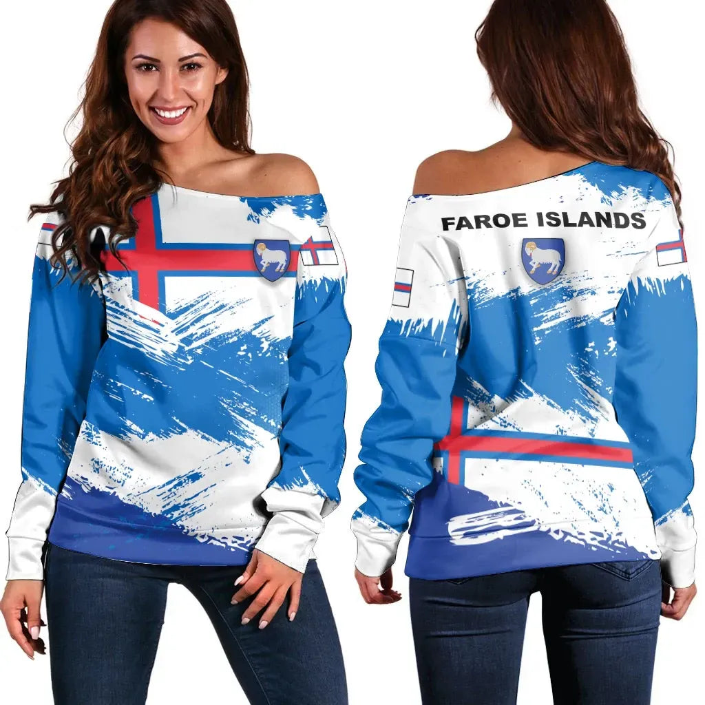 Faroe Islands Off Shoulder Sweater Faroe Islands Flag Brush