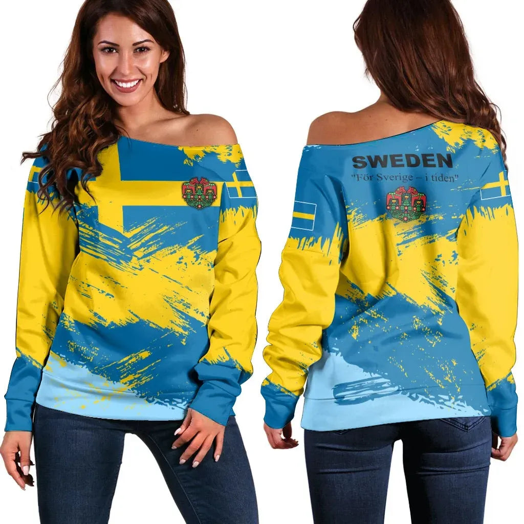 Sweden Off Shoulder Sweater Sweden Flag Brush